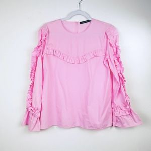 Zara Pink Ruffle Long Sleeved Blouse Professional Career Wear Cotton Size Small